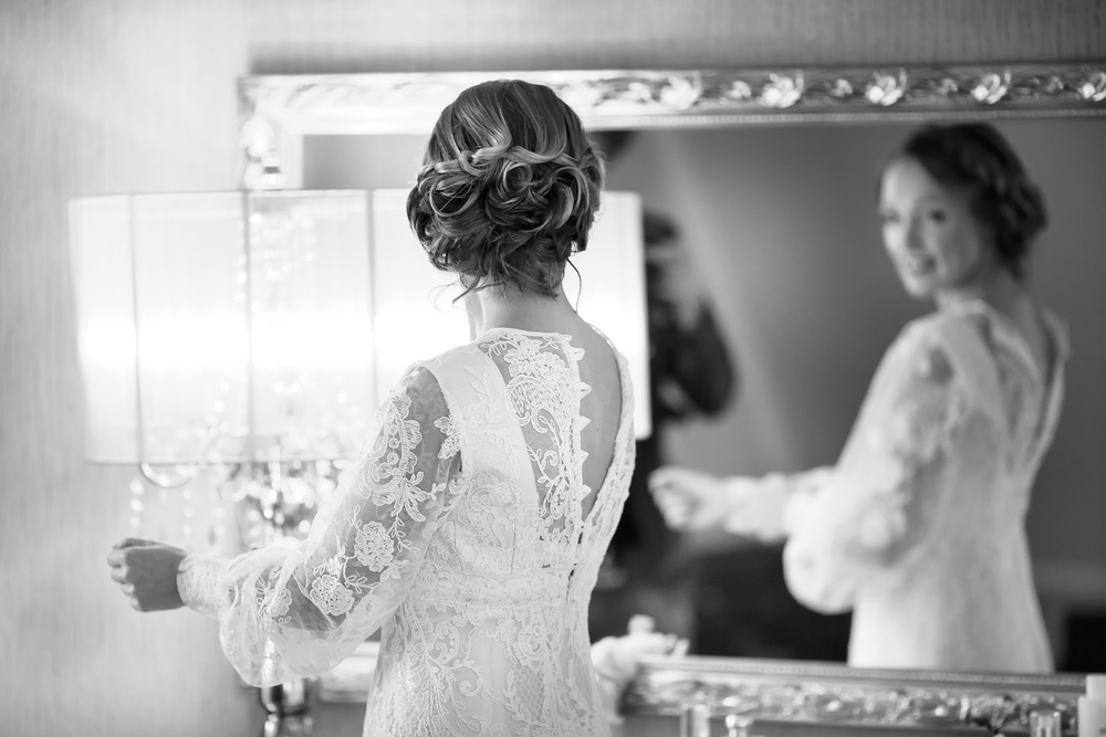 A bride getting ready for the wedding ceremony.
