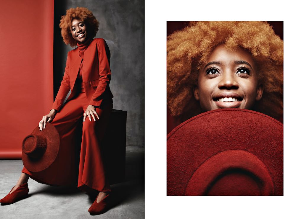diptych of black woman posing in a studio.