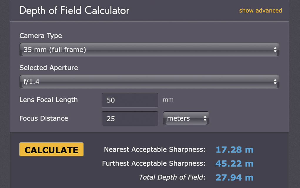 depth of field calculator.