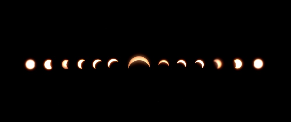 Composite photograph of various solar eclipse stages.