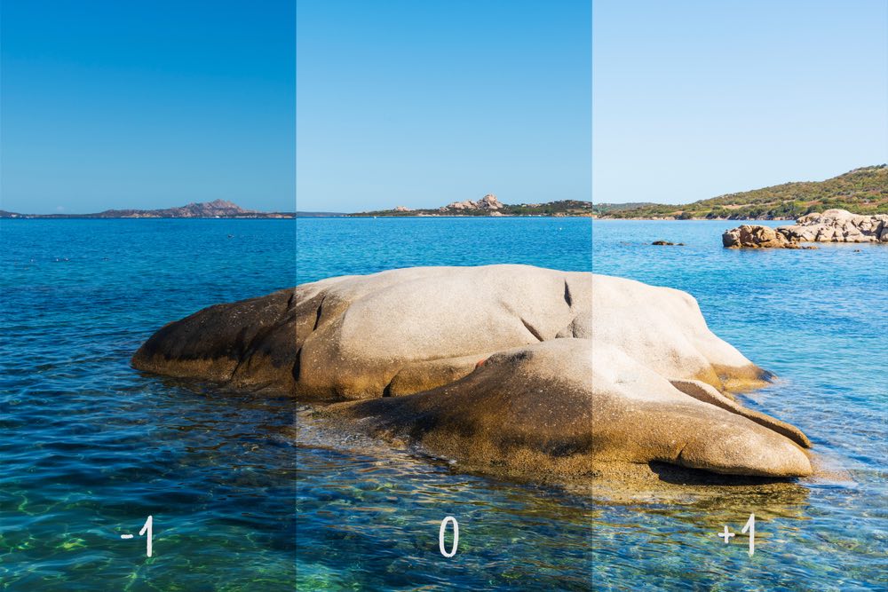 An example of expose compensation applied to a scene across three stops. -1, 0, and +1 exposure sample photos.
