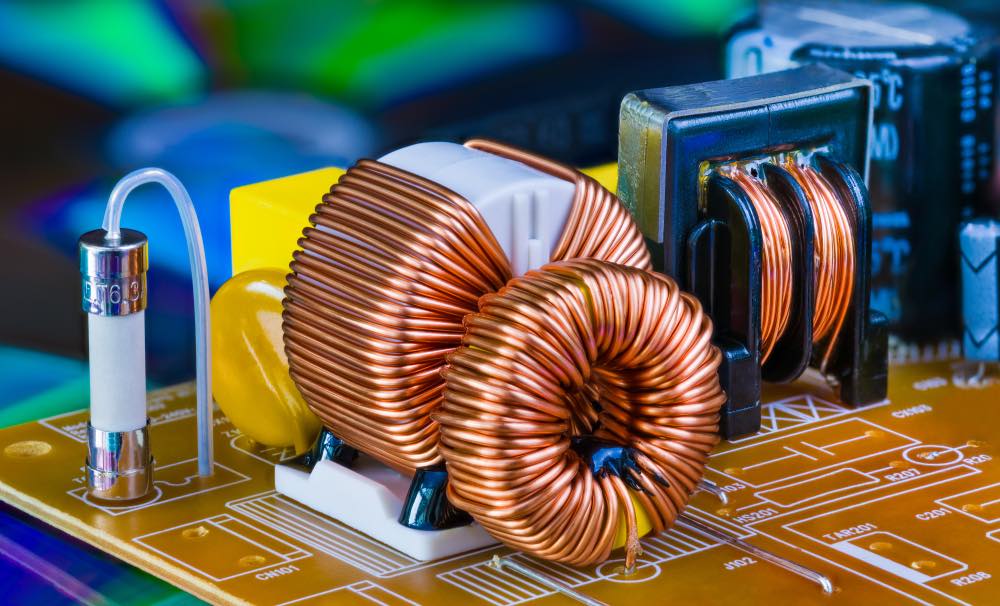 Copper inductors on a PCB. Elements of a commercial-grade high-voltage power supply.