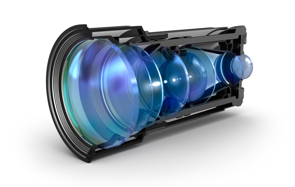 A cutaway view of lens elements inside a conventional telephoto lens.