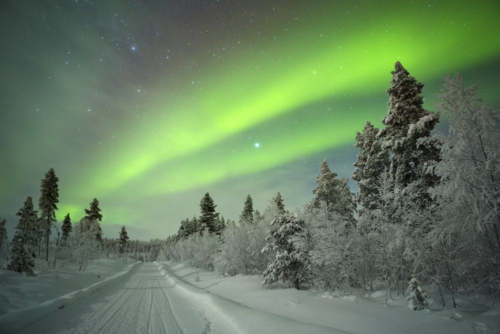 Neon green arcing aurora borealis over a snowy track in Finnish Lapland.