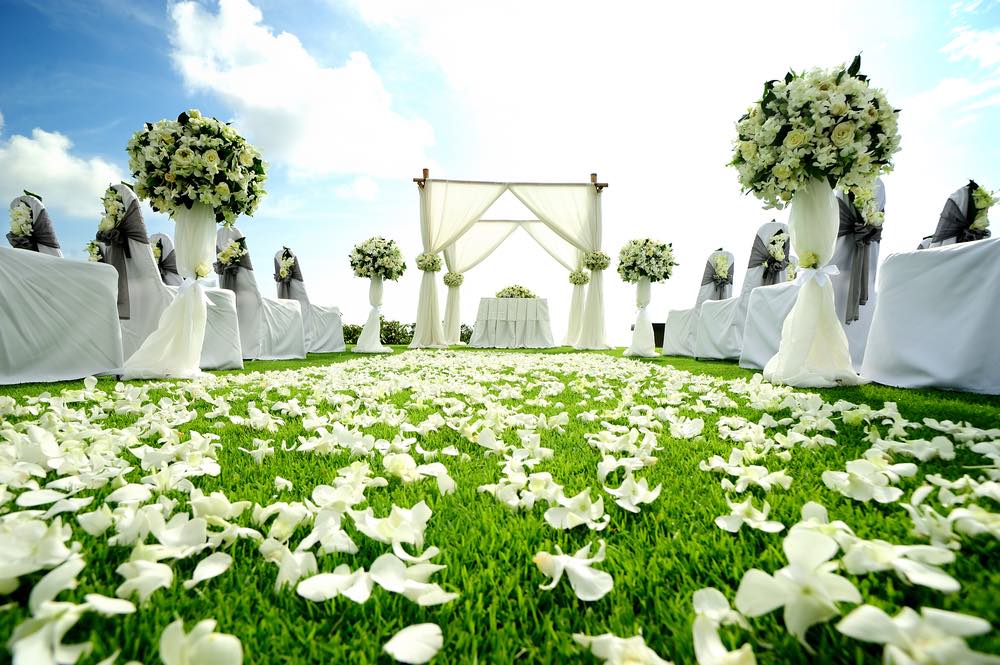 A picture of an outdoor wedding venue. A scattering of flower petals leads the eye through the center aisle to where the ceremony will be held. 