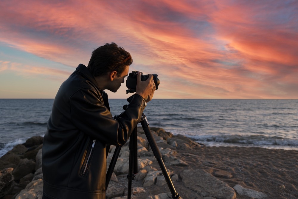 A male photographer composing through his camera's viewfinder while supporting it on a tripod. Sunset nature photography by the shore.
