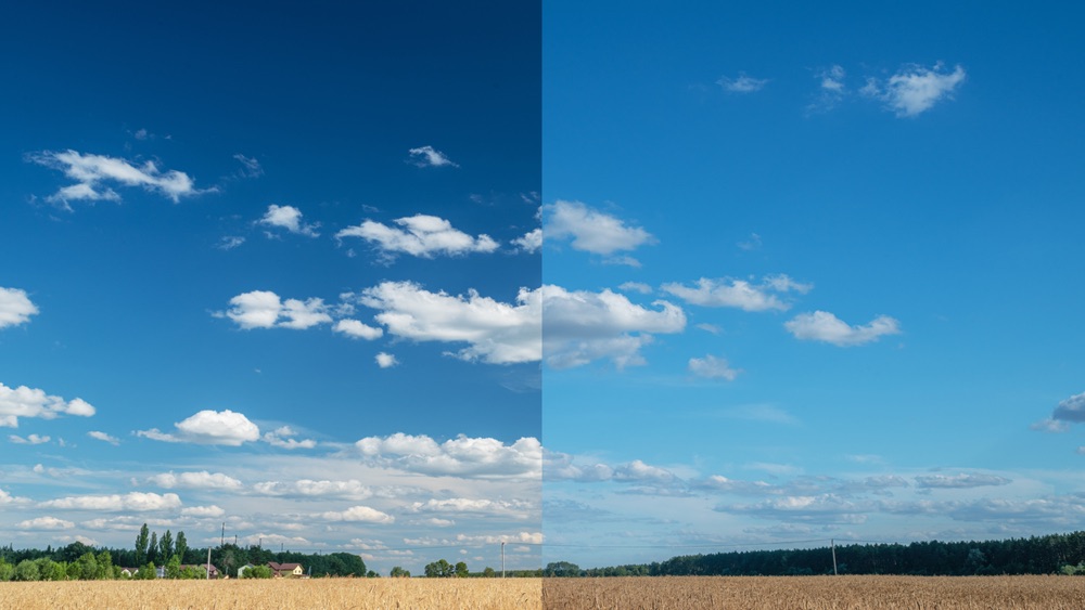 A split image showing the difference between using a graduated ND filter and not.