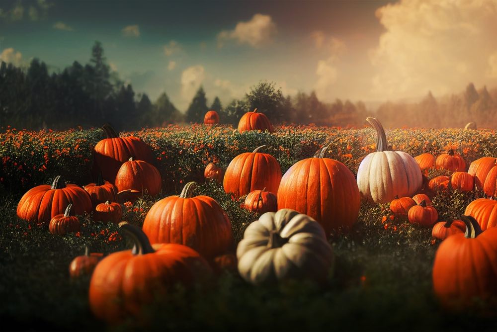 A field of various sized pumpkins and flowers fade off into the distance.