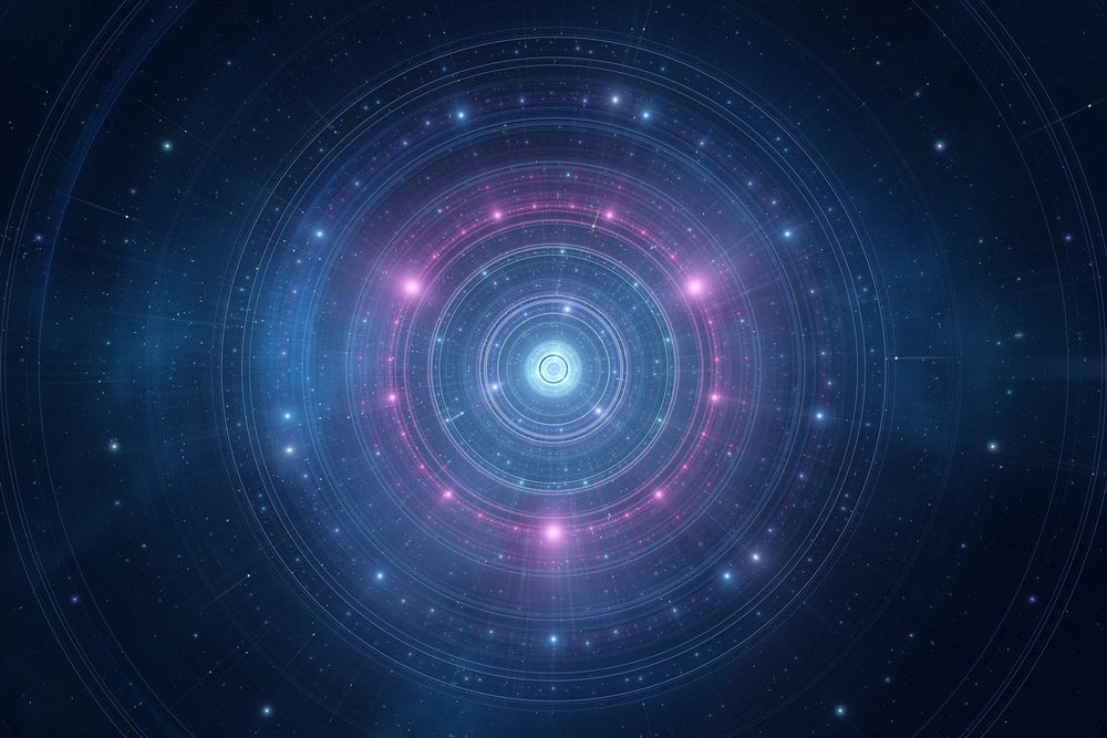 Concept art of stars in outer space in geometric alignment. Stars forming colorful circles. New age, spiritual artwork.