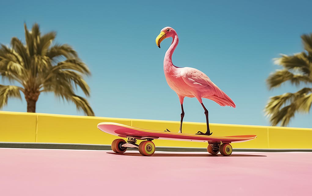 stock photo of flamingo on skateboard.