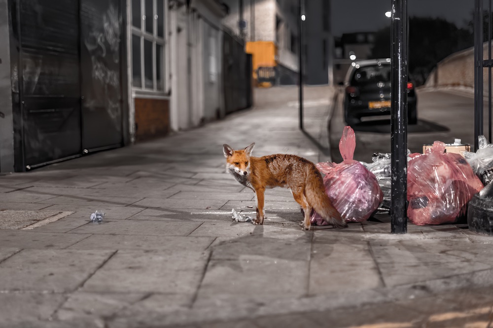 A fox on the street in a nighttime setting. Street photography captured using the zone focus technique for quick, incognito shots.