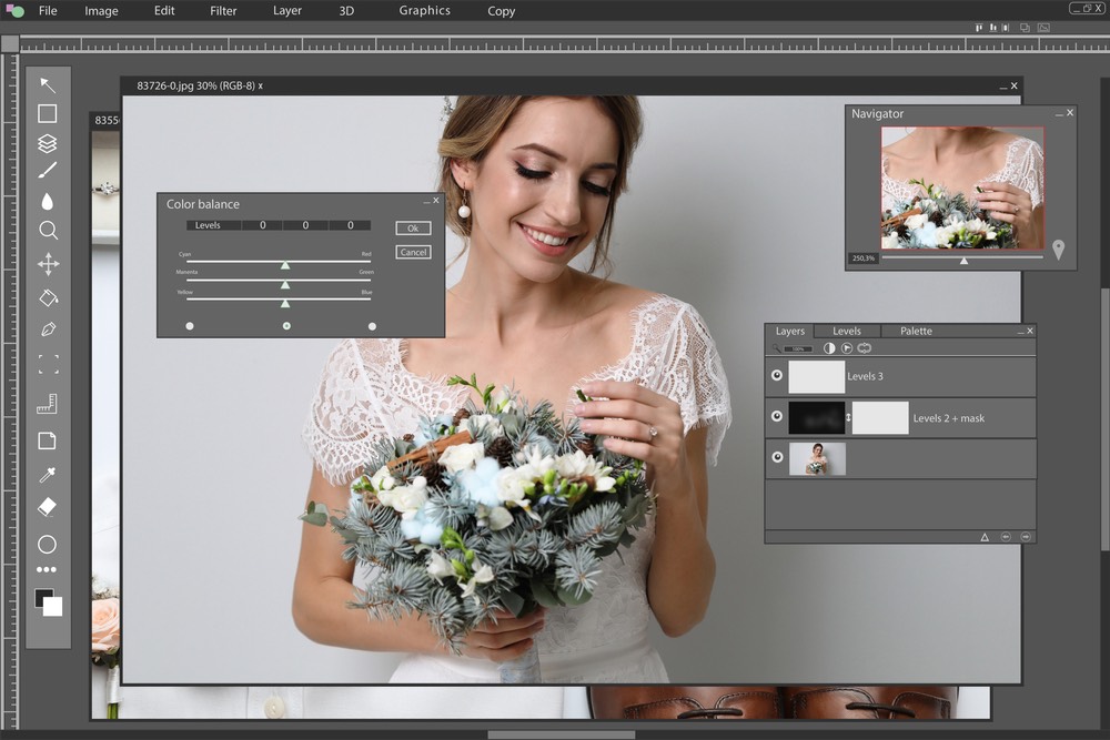 A photo of a bride opened up in an editing program.