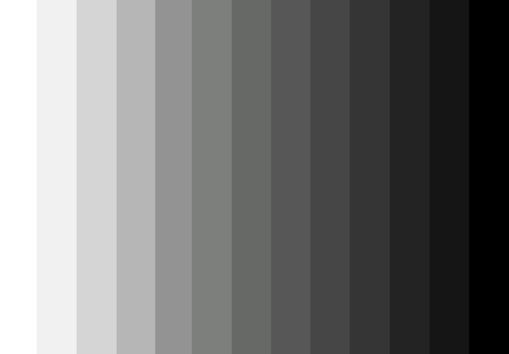 A grayscale transition between absolute white and absolute black, showing transitional gray tones in between.