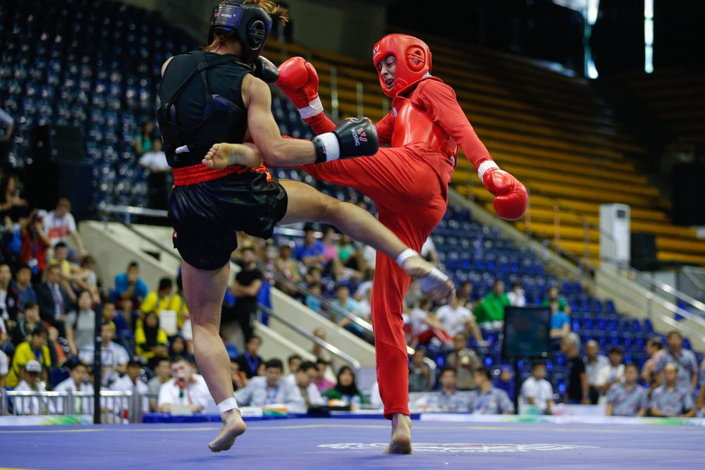 A competitive wushu match in action. High-speed martial arts sports photography exhibiting a telltale "peak action" composition.